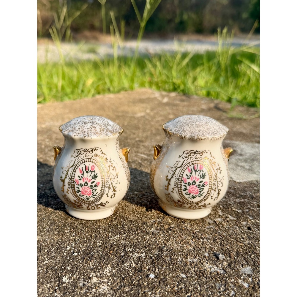 Vintage Enesco 50th Anniversary Salt and Pepper Shakers Gold Floral Japan Set